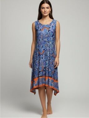 Reborn Blue Paisley Asymmetrical Midi Dress with Orange Border